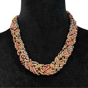 Braided Seed Beach Necklace Multi Color Pink Brown Blue Adjustable Length